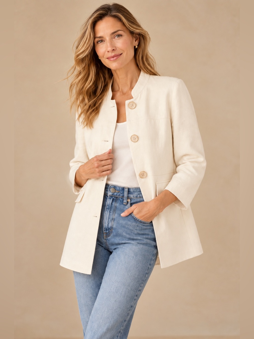 Chico’s Cream Longline Mandarin Collar Button Front Lined Blazer Size 2 Large
